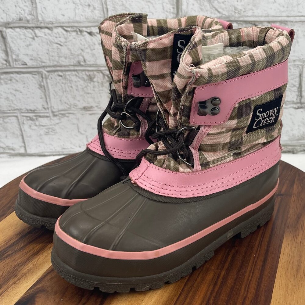 Snowy Creek Thermolite Girls 1 Pink Brown Plaid insulated WP Winter Snow Boots